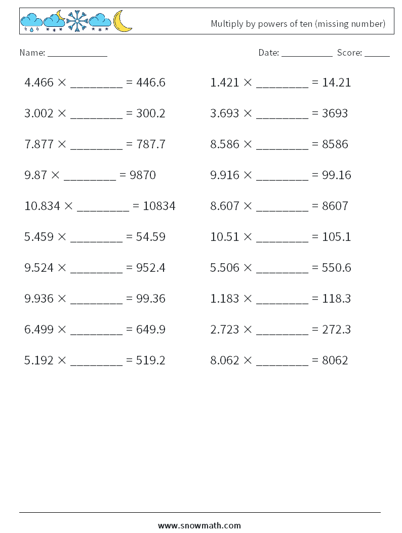 Multiply by powers of ten (missing number) Math Worksheets 2