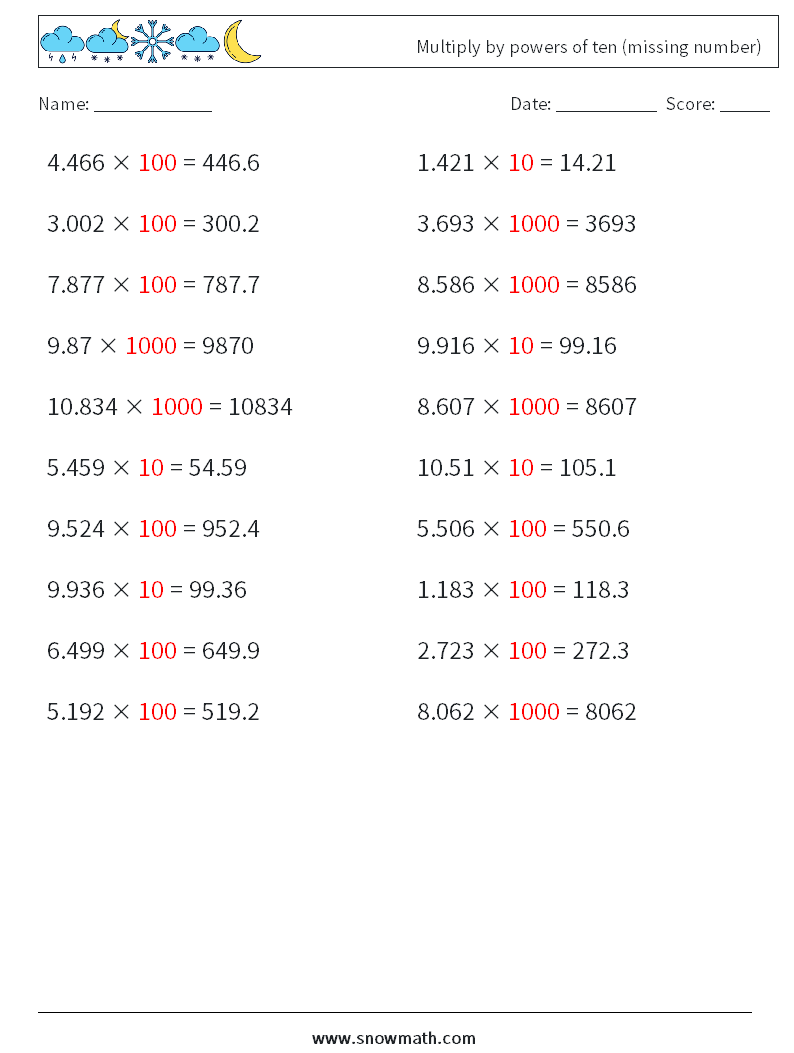 Multiply by powers of ten (missing number) Math Worksheets 2 Question, Answer