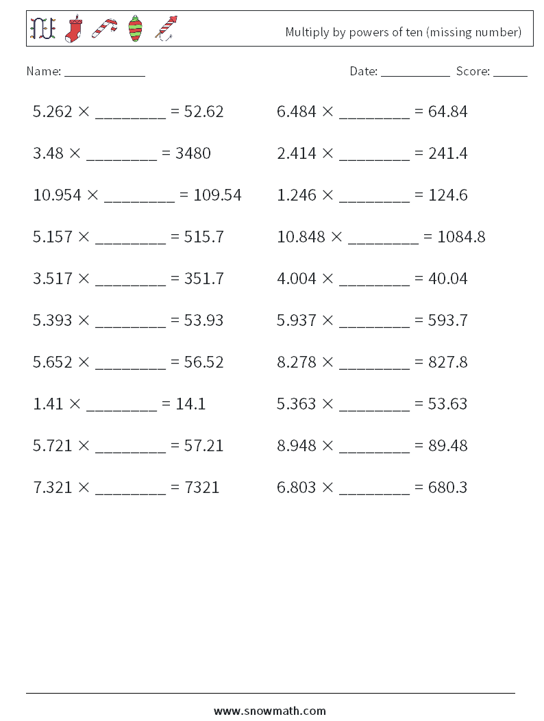 Multiply by powers of ten (missing number) Math Worksheets 3