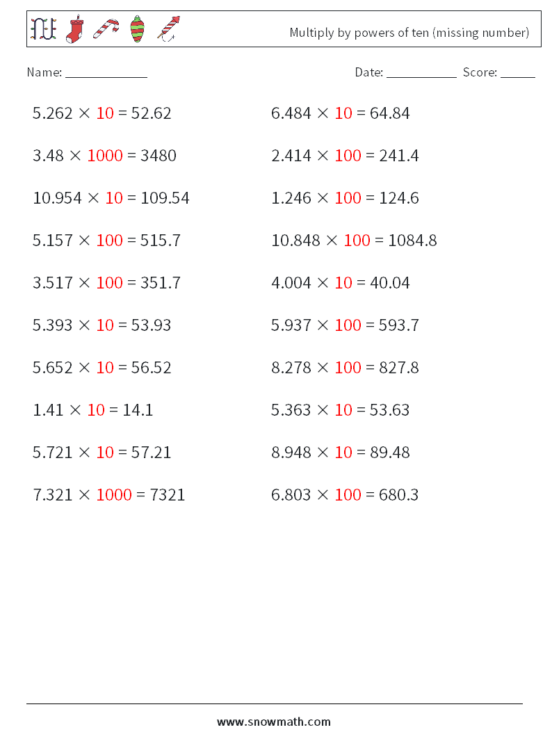 Multiply by powers of ten (missing number) Math Worksheets 3 Question, Answer