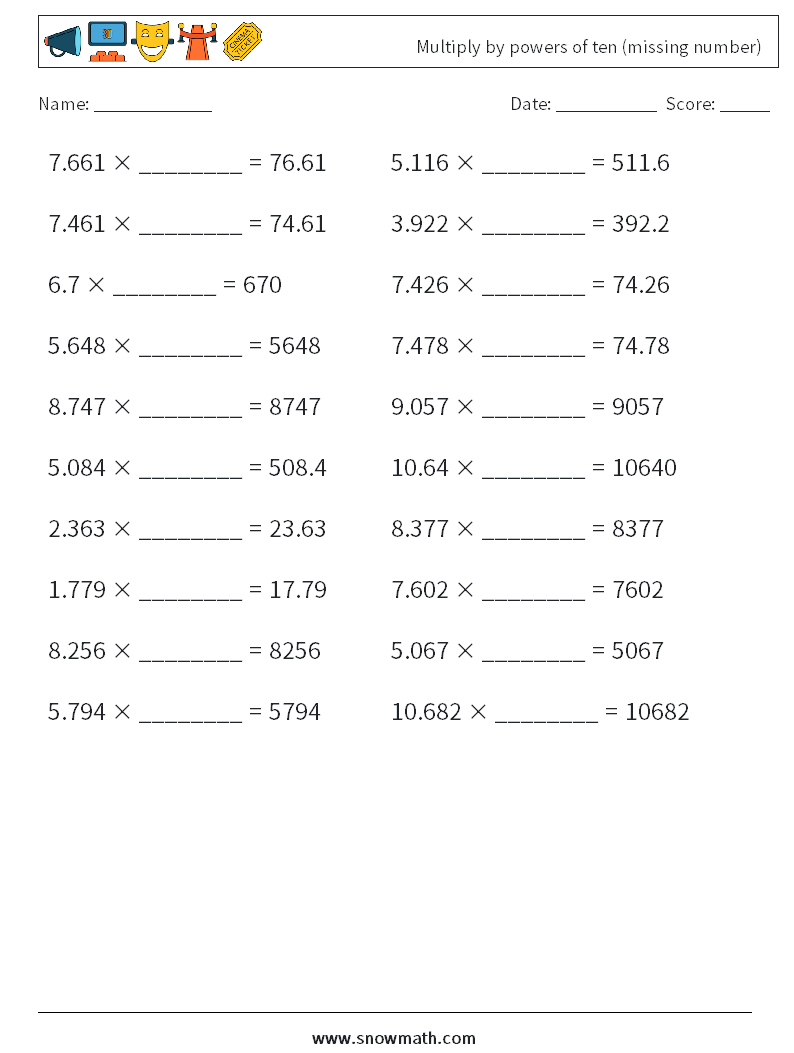 Multiply by powers of ten (missing number) Math Worksheets 4