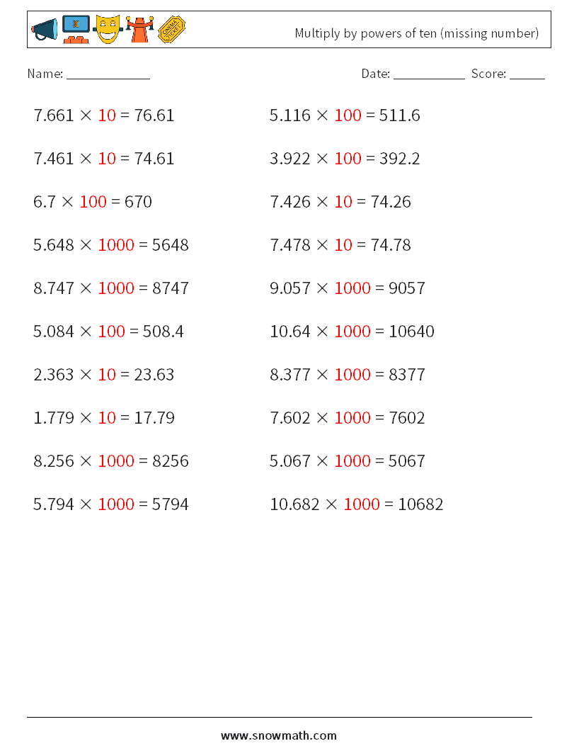 Multiply by powers of ten (missing number) Math Worksheets 4 Question, Answer