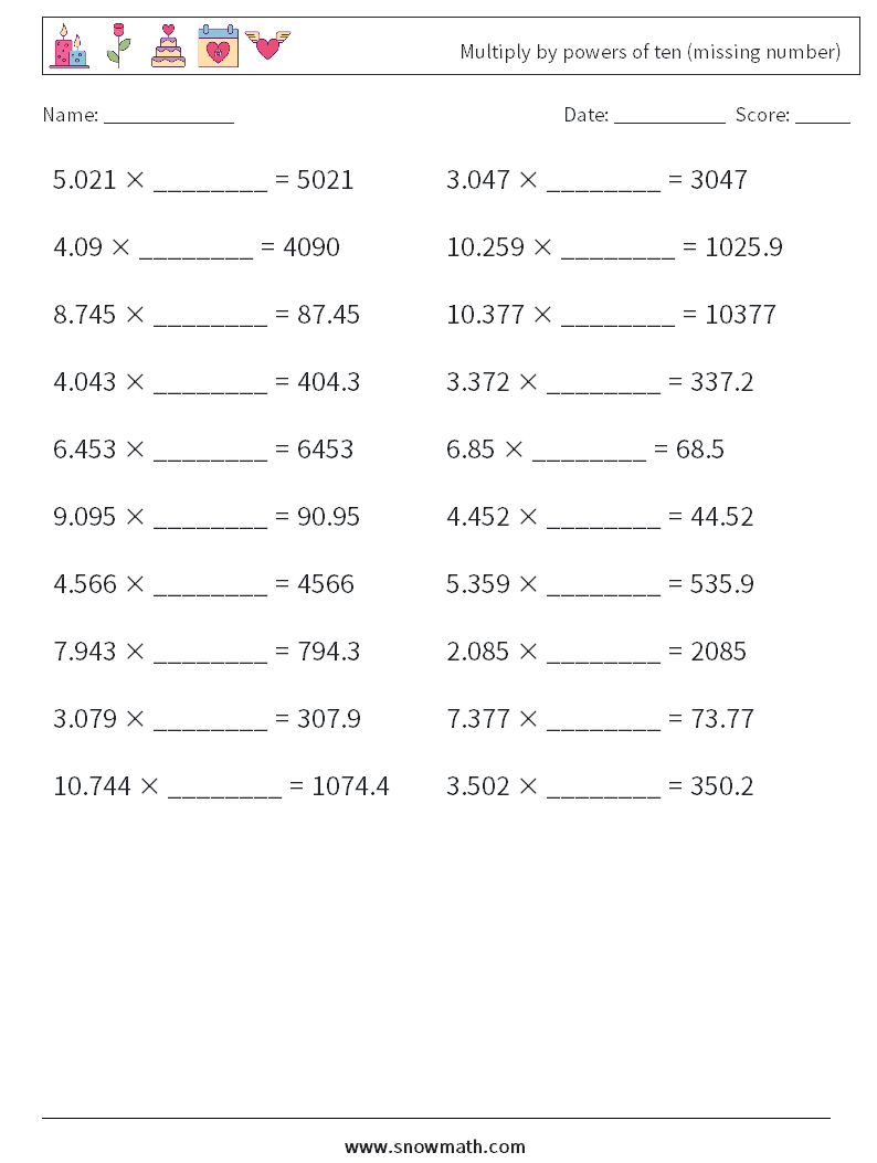 Multiply by powers of ten (missing number) Math Worksheets 5