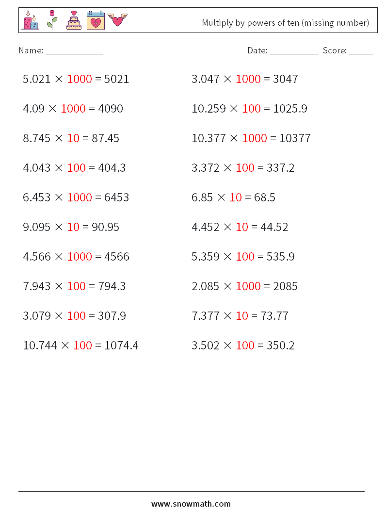 Multiply by powers of ten (missing number) Math Worksheets 5 Question, Answer