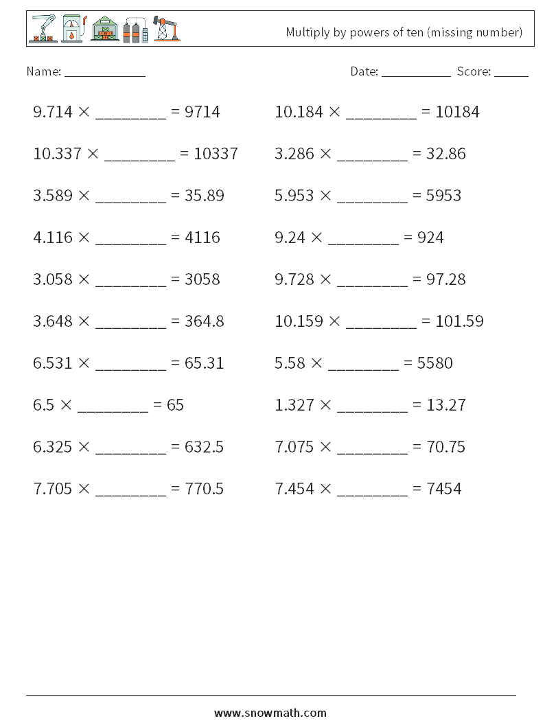 Multiply by powers of ten (missing number) Math Worksheets 6