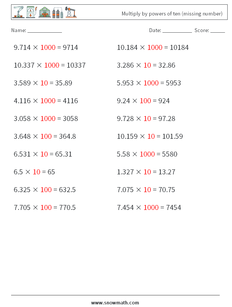 Multiply by powers of ten (missing number) Math Worksheets 6 Question, Answer