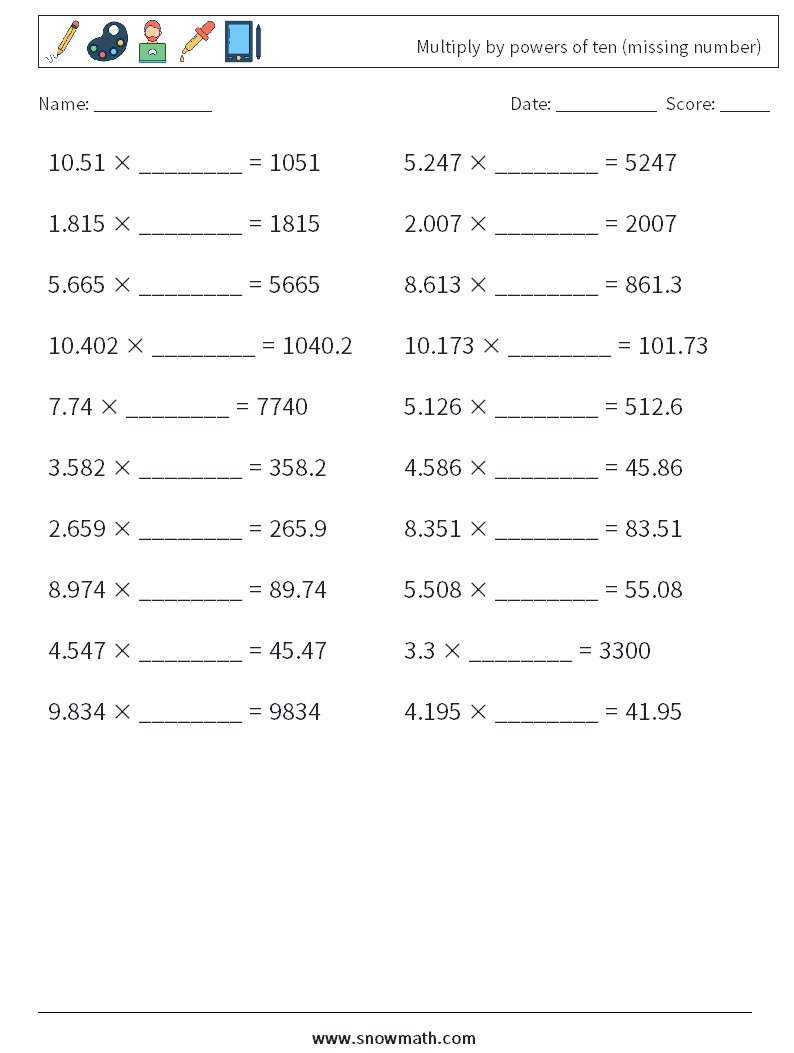 Multiply by powers of ten (missing number) Math Worksheets 7