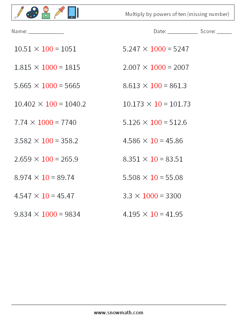 Multiply by powers of ten (missing number) Math Worksheets 7 Question, Answer