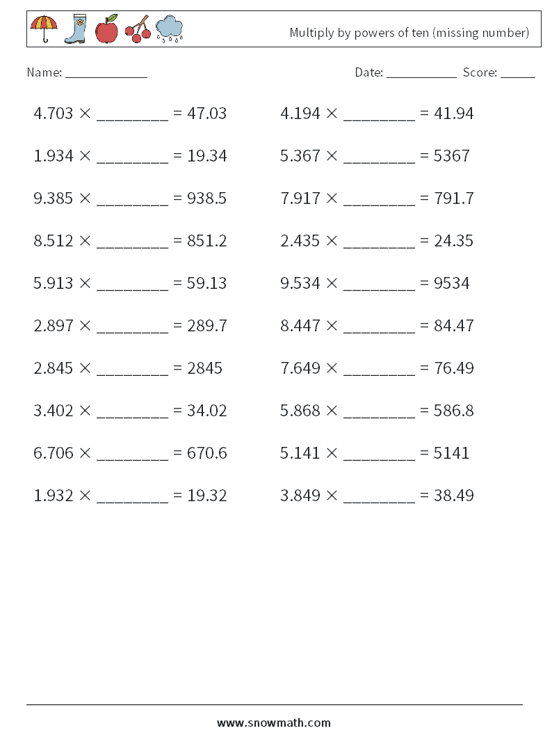 Multiply by powers of ten (missing number) Math Worksheets 8