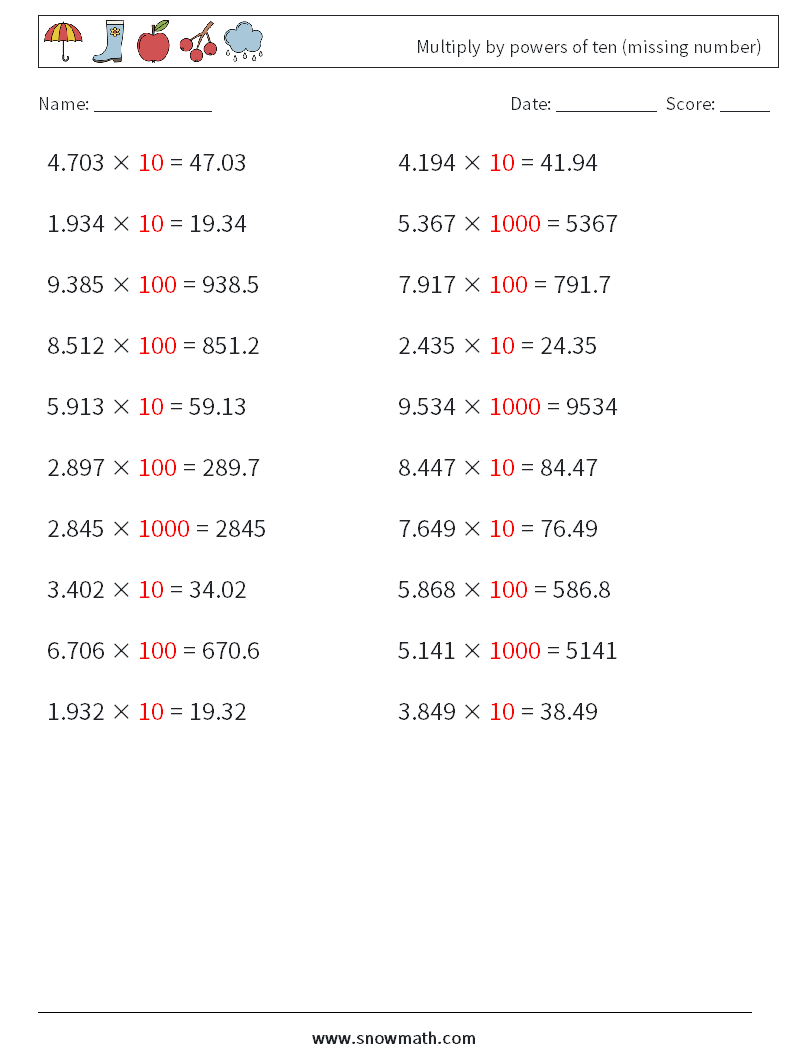 Multiply by powers of ten (missing number) Math Worksheets 8 Question, Answer