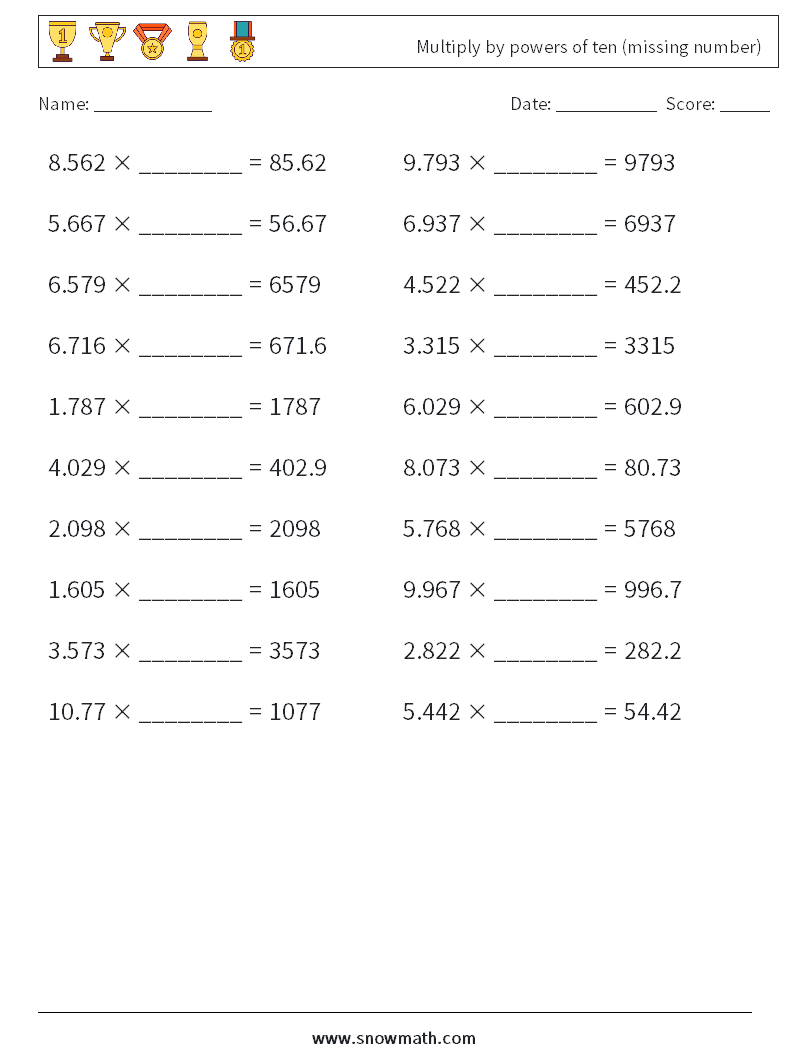 Multiply by powers of ten (missing number) Math Worksheets 9