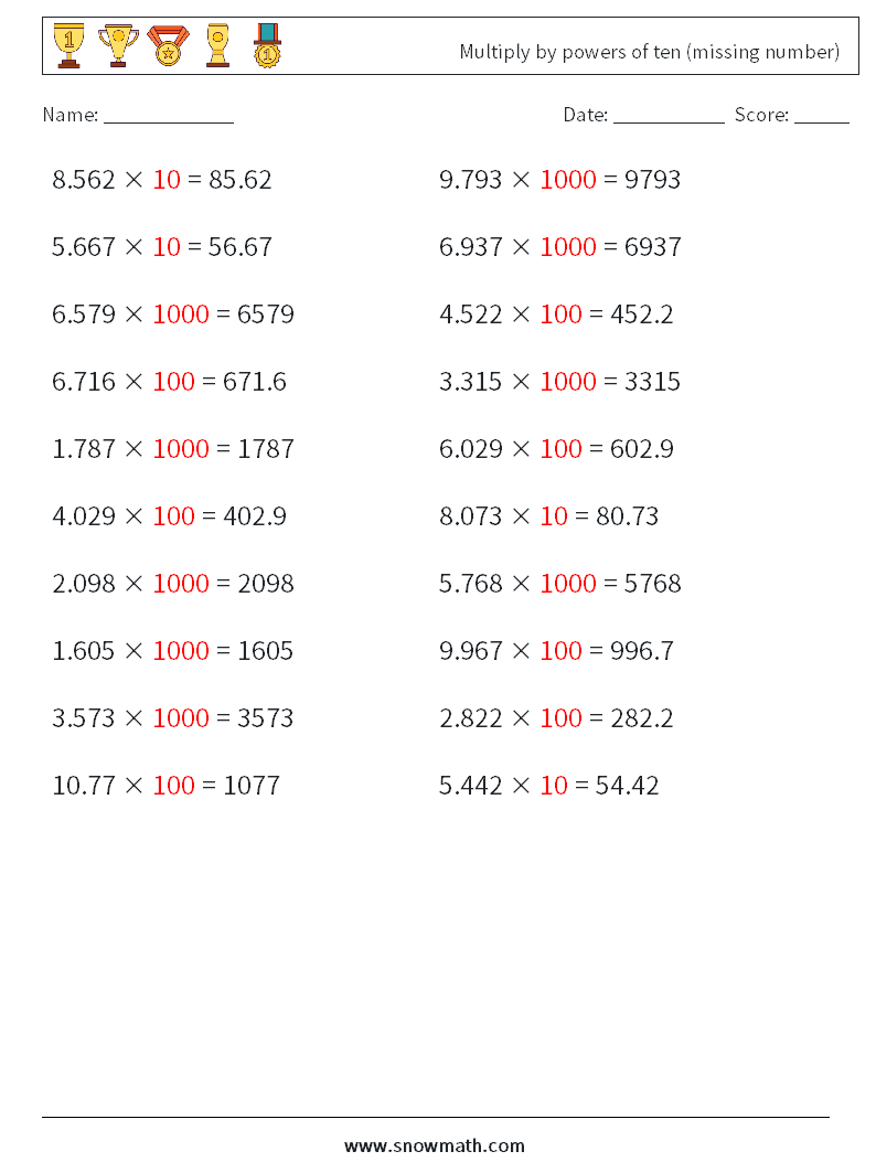 Multiply by powers of ten (missing number) Math Worksheets 9 Question, Answer