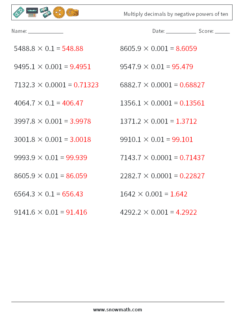 Multiply decimals by negative powers of ten Math Worksheets 10 Question, Answer