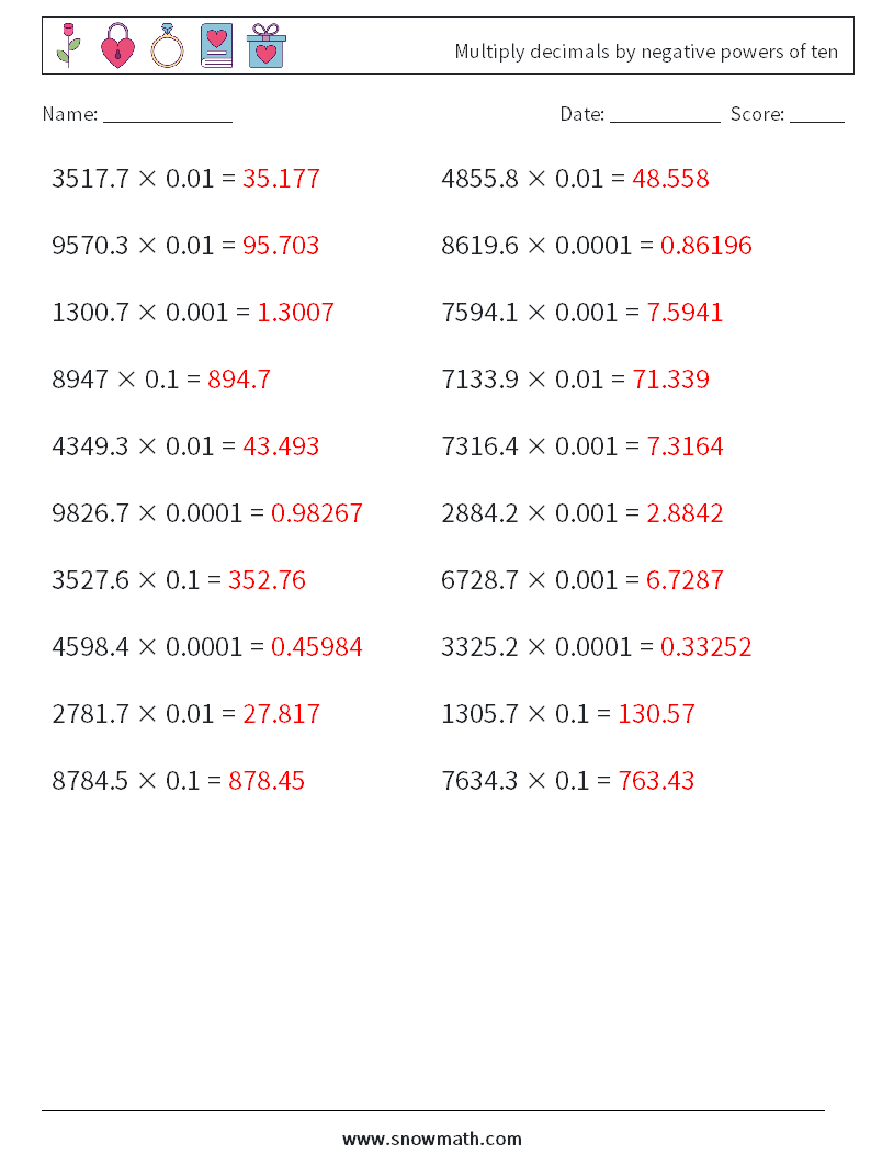 Multiply decimals by negative powers of ten Math Worksheets 11 Question, Answer