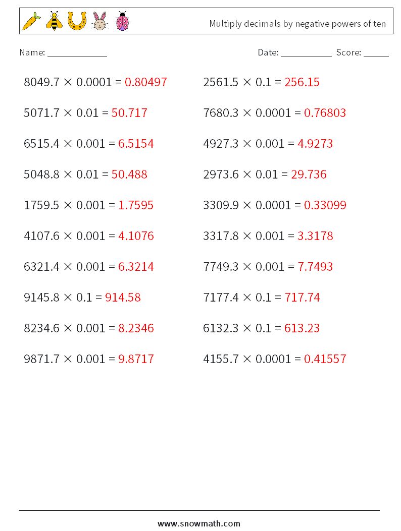 Multiply decimals by negative powers of ten Math Worksheets 12 Question, Answer