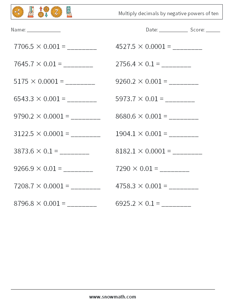 Multiply decimals by negative powers of ten Math Worksheets 13