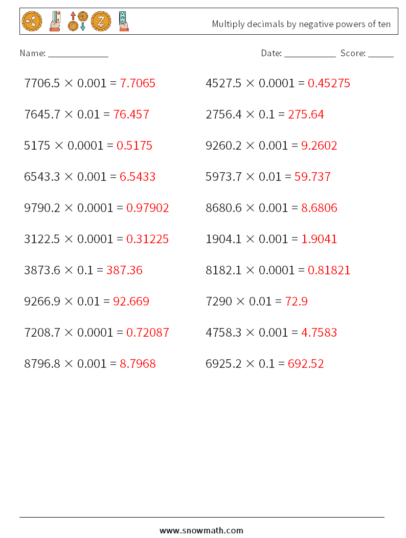 Multiply decimals by negative powers of ten Math Worksheets 13 Question, Answer