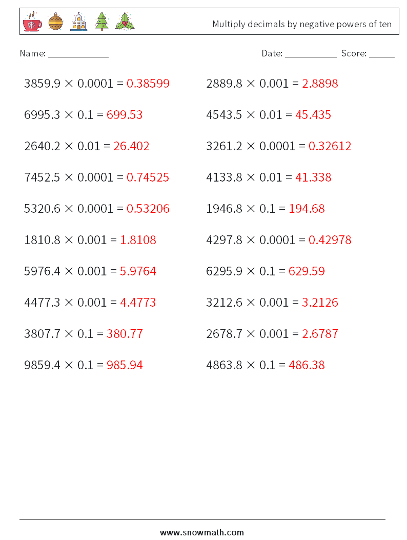 Multiply decimals by negative powers of ten Math Worksheets 14 Question, Answer