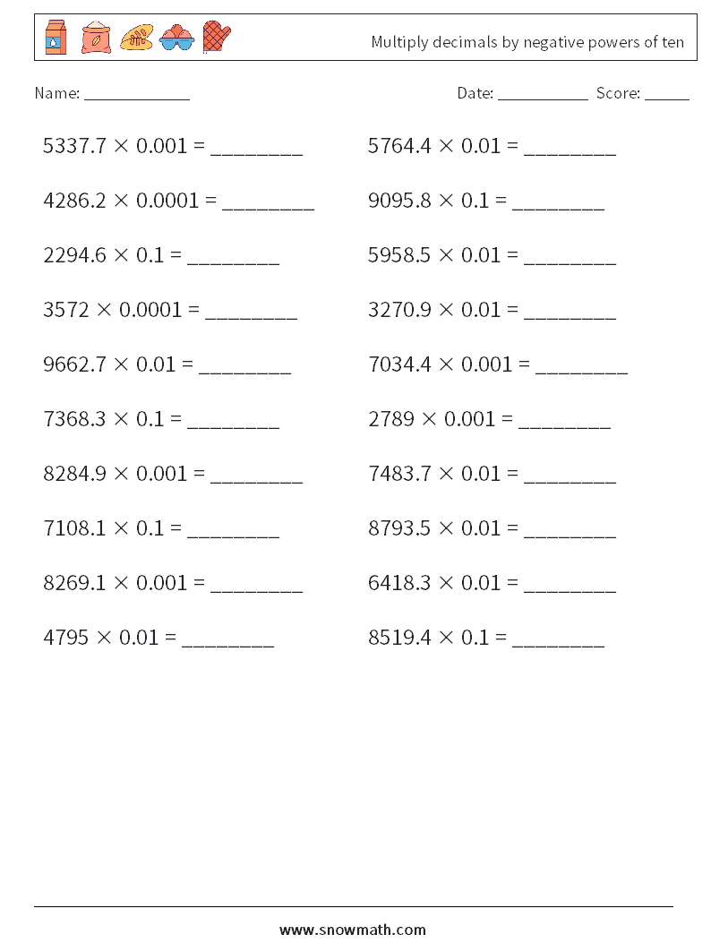 Multiply decimals by negative powers of ten Math Worksheets 15