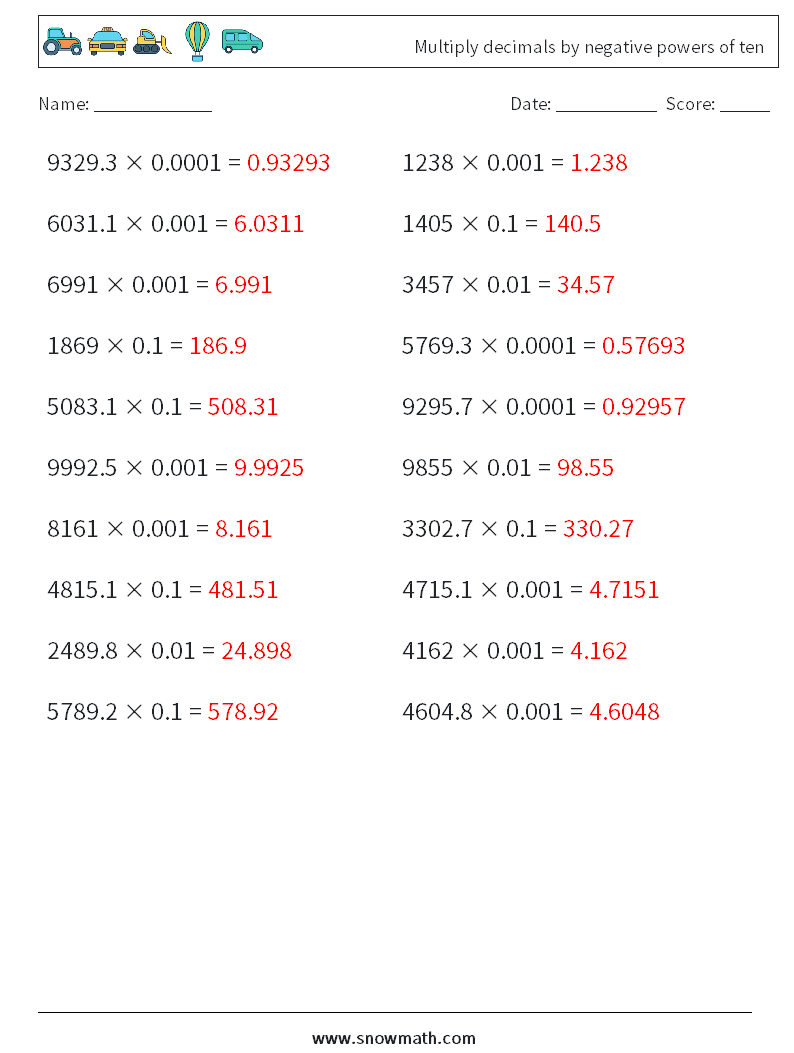 Multiply decimals by negative powers of ten Math Worksheets 16 Question, Answer
