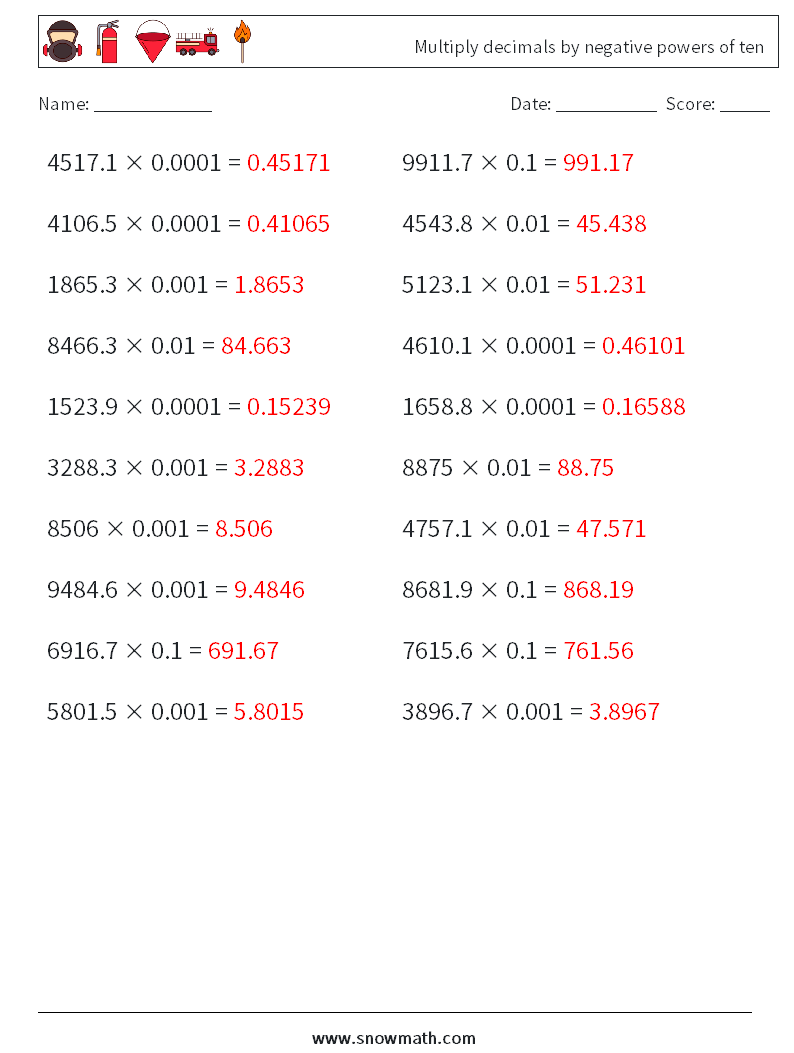 Multiply decimals by negative powers of ten Math Worksheets 18 Question, Answer
