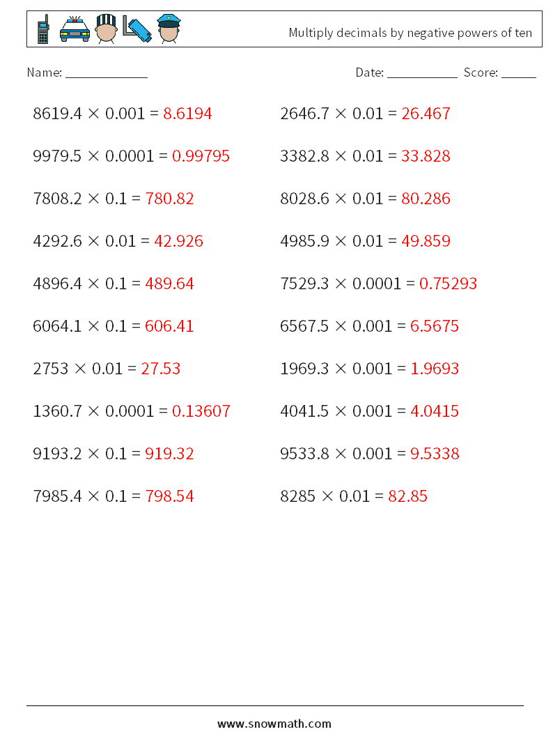 Multiply decimals by negative powers of ten Math Worksheets 1 Question, Answer