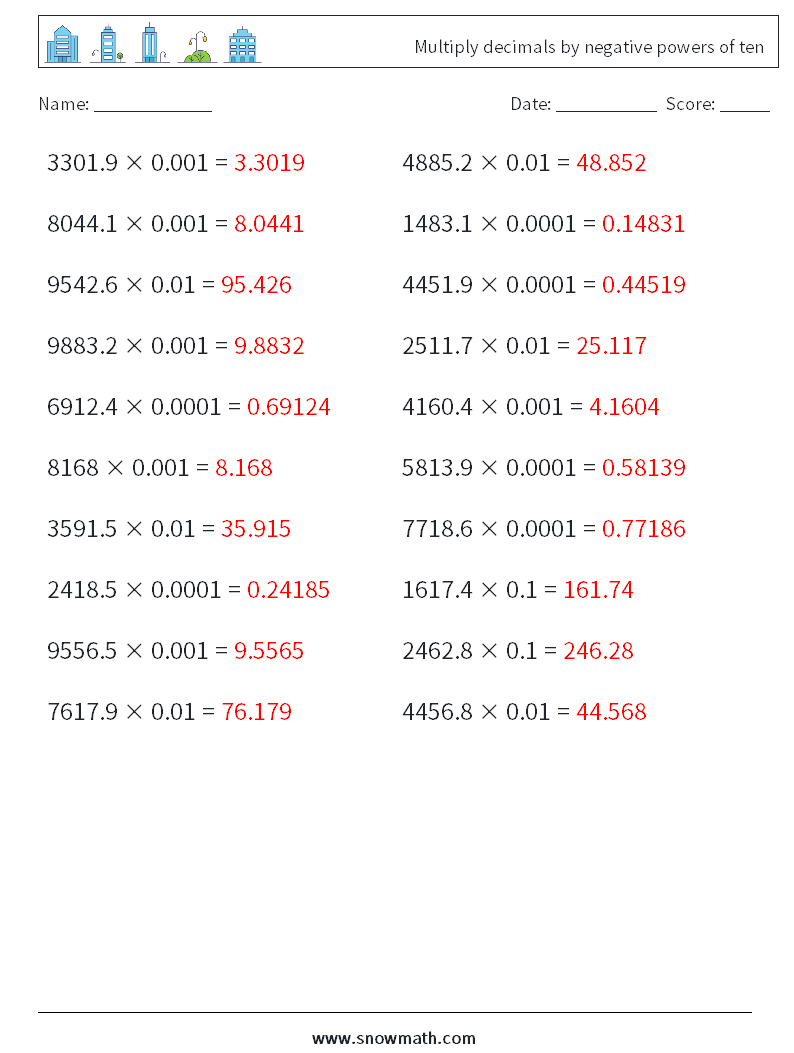 Multiply decimals by negative powers of ten Math Worksheets 2 Question, Answer