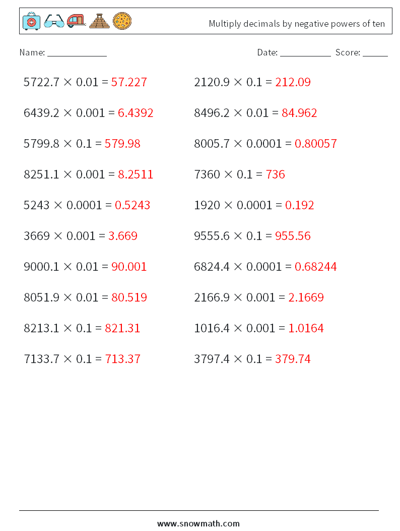 Multiply decimals by negative powers of ten Math Worksheets 3 Question, Answer