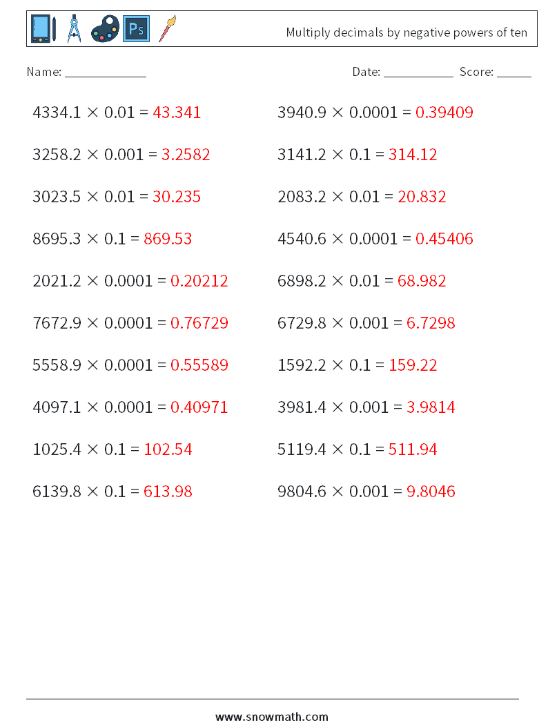 Multiply decimals by negative powers of ten Math Worksheets 5 Question, Answer