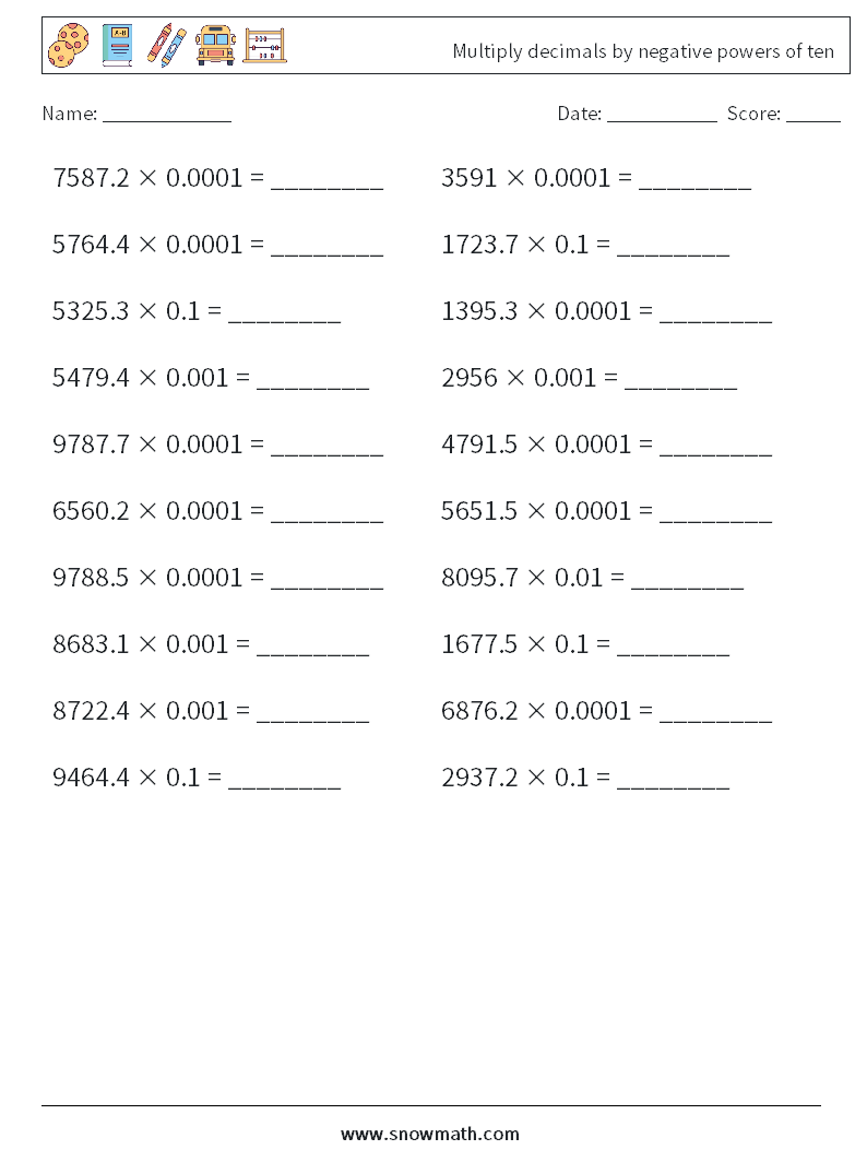 Multiply decimals by negative powers of ten Math Worksheets 6