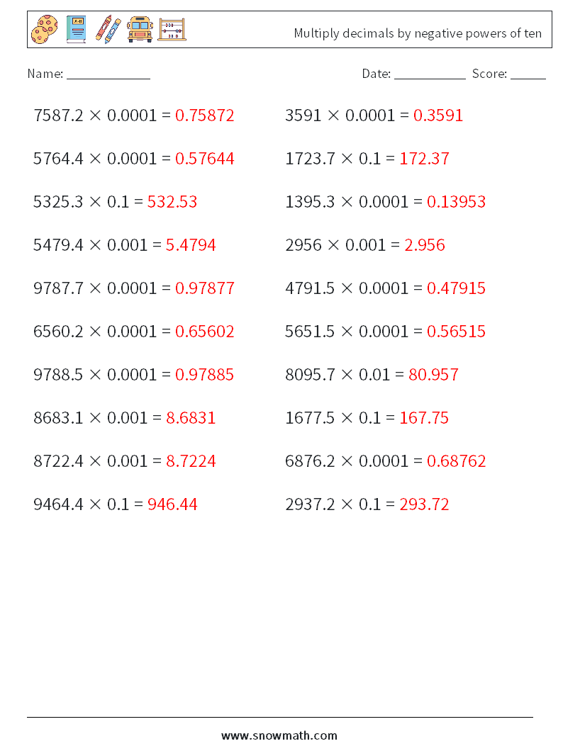 Multiply decimals by negative powers of ten Math Worksheets 6 Question, Answer