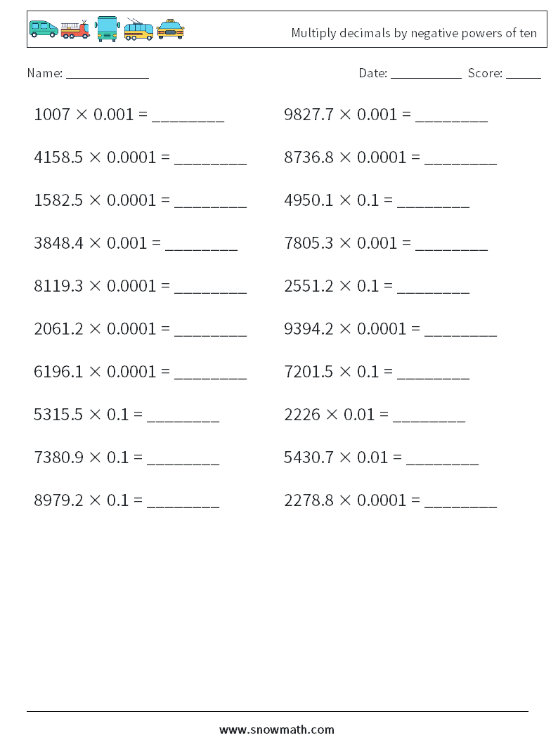 Multiply decimals by negative powers of ten Math Worksheets 7