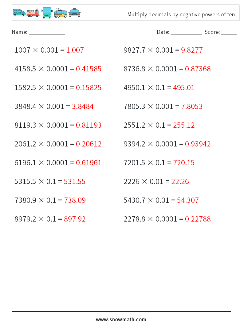 Multiply decimals by negative powers of ten Math Worksheets 7 Question, Answer