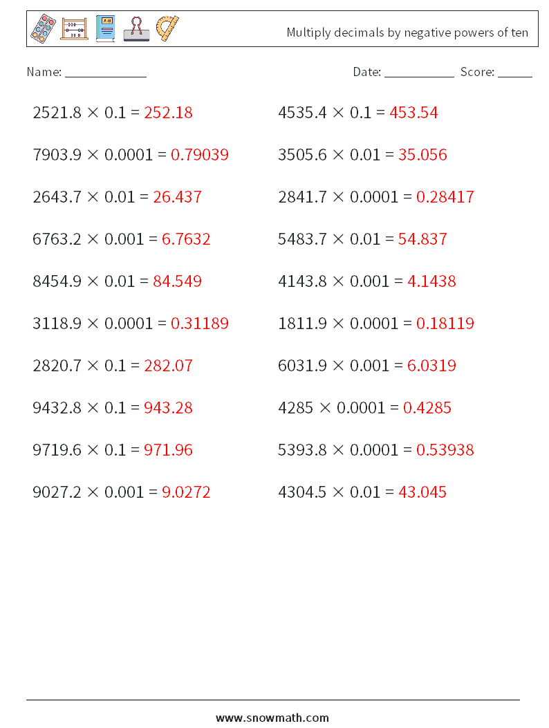 Multiply decimals by negative powers of ten Math Worksheets 8 Question, Answer