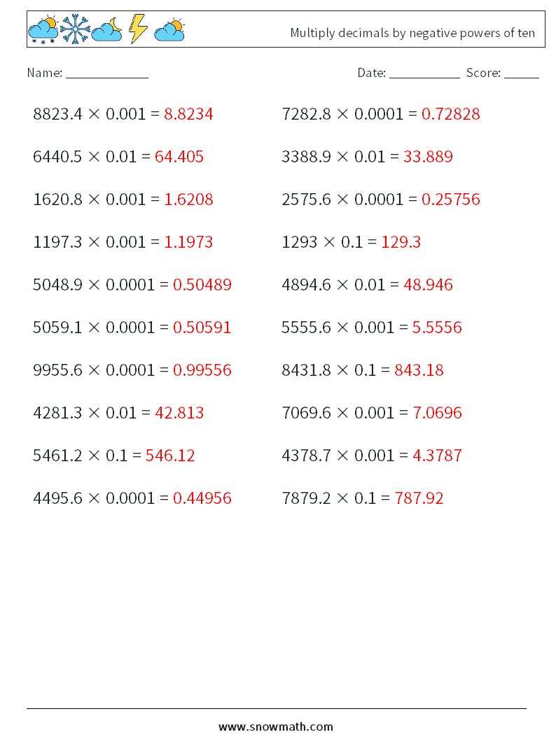 Multiply decimals by negative powers of ten Math Worksheets 9 Question, Answer