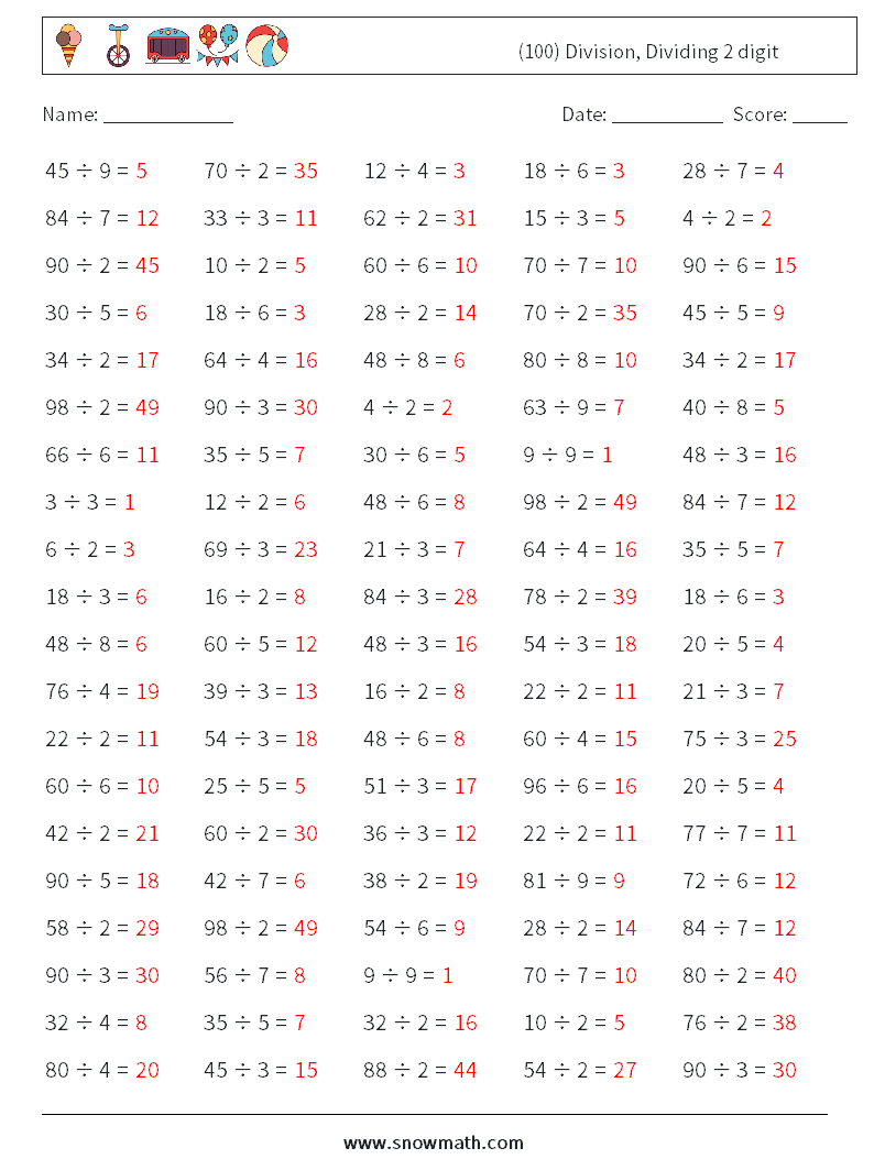 (100) Division, Dividing 2 digit Math Worksheets 1 Question, Answer