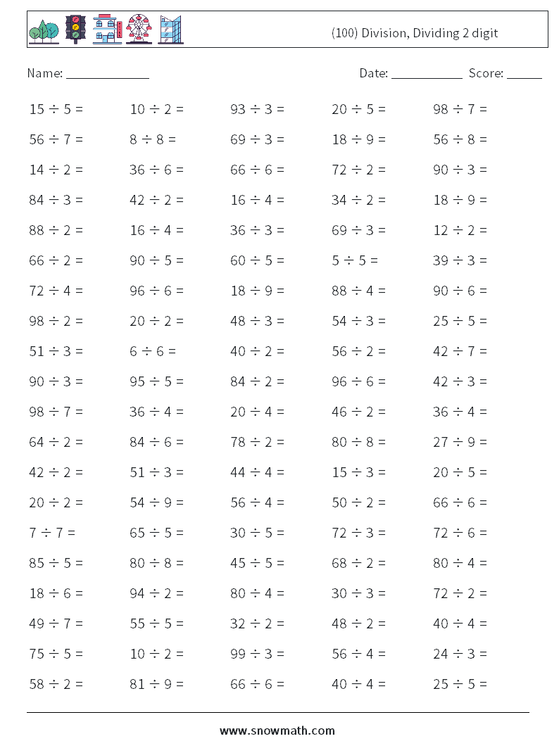 (100) Division, Dividing 2 digit Math Worksheets 2