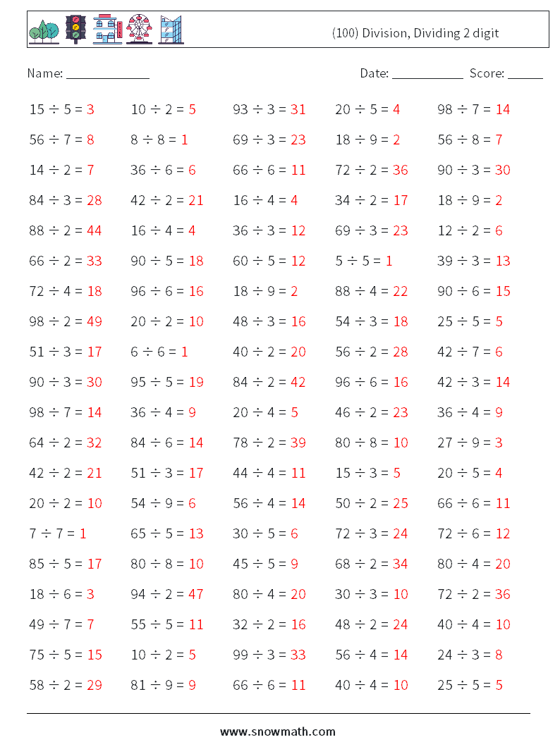 (100) Division, Dividing 2 digit Math Worksheets 2 Question, Answer