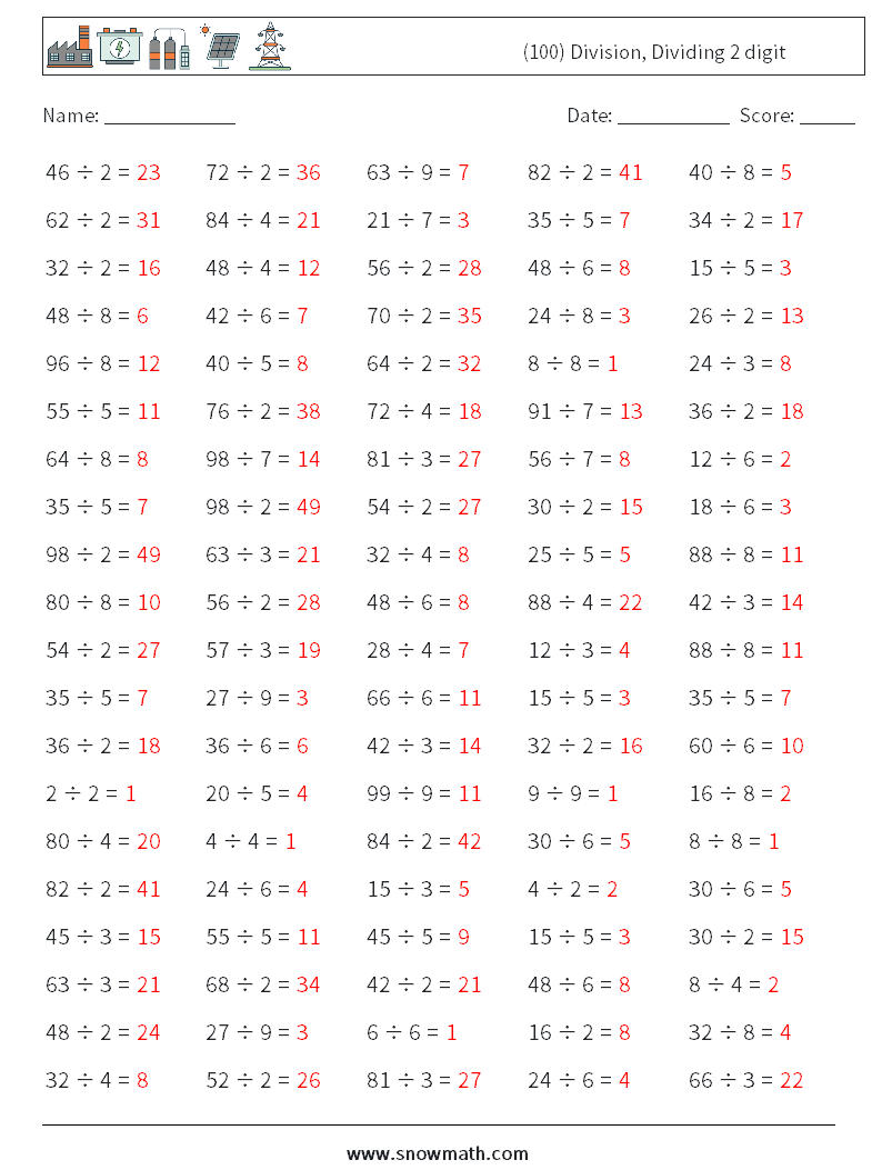 (100) Division, Dividing 2 digit Math Worksheets 3 Question, Answer