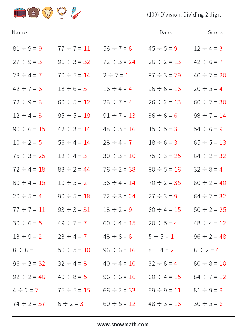 (100) Division, Dividing 2 digit Math Worksheets 4 Question, Answer