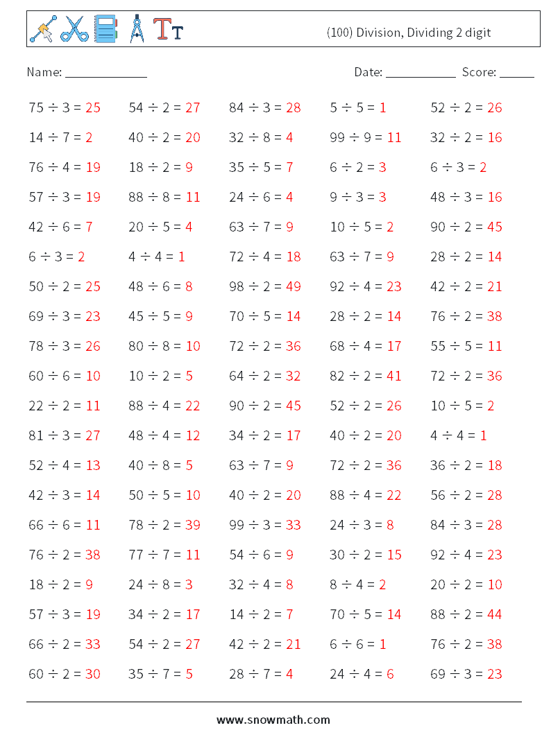 (100) Division, Dividing 2 digit Math Worksheets 5 Question, Answer