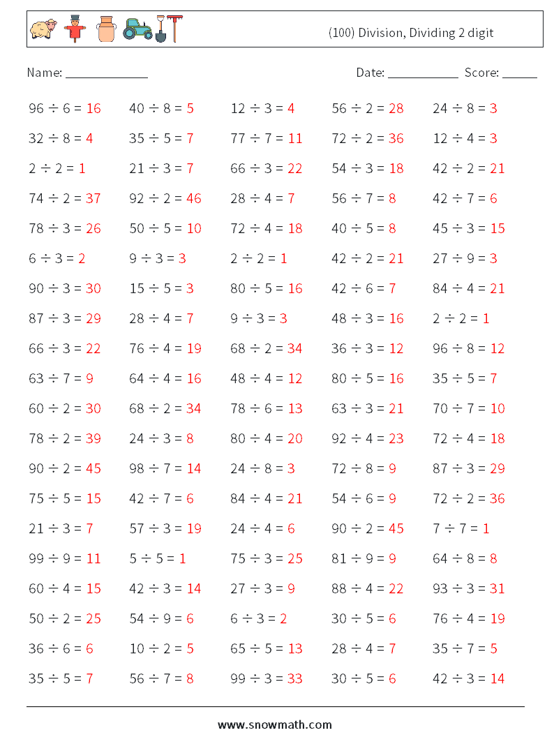 (100) Division, Dividing 2 digit Math Worksheets 6 Question, Answer
