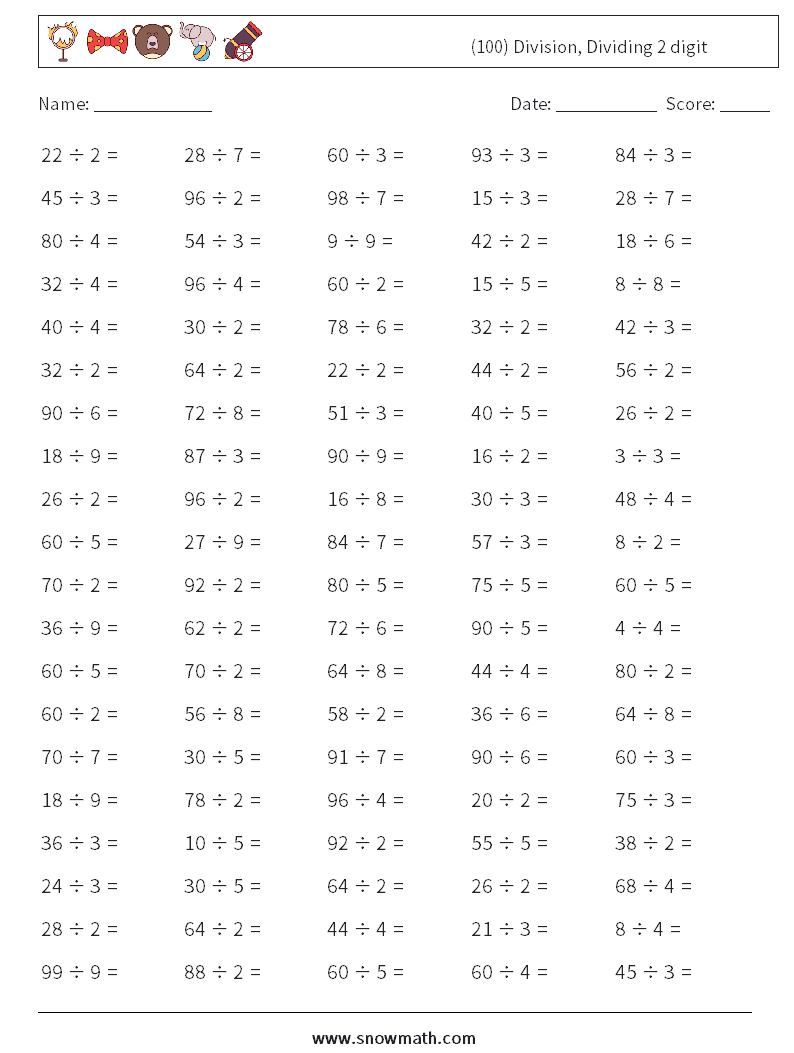 (100) Division, Dividing 2 digit Math Worksheets 7