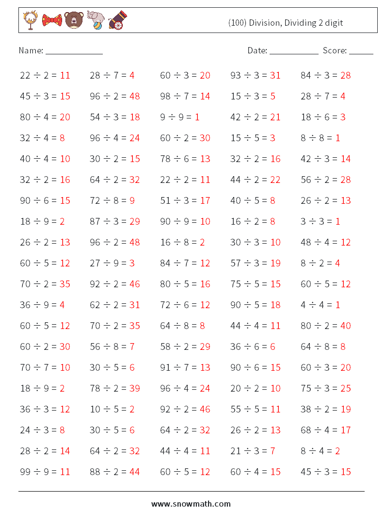 (100) Division, Dividing 2 digit Math Worksheets 7 Question, Answer