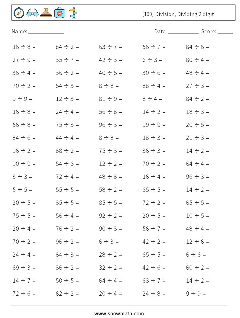 (100) Division, Dividing 2 digit Math Worksheets 8