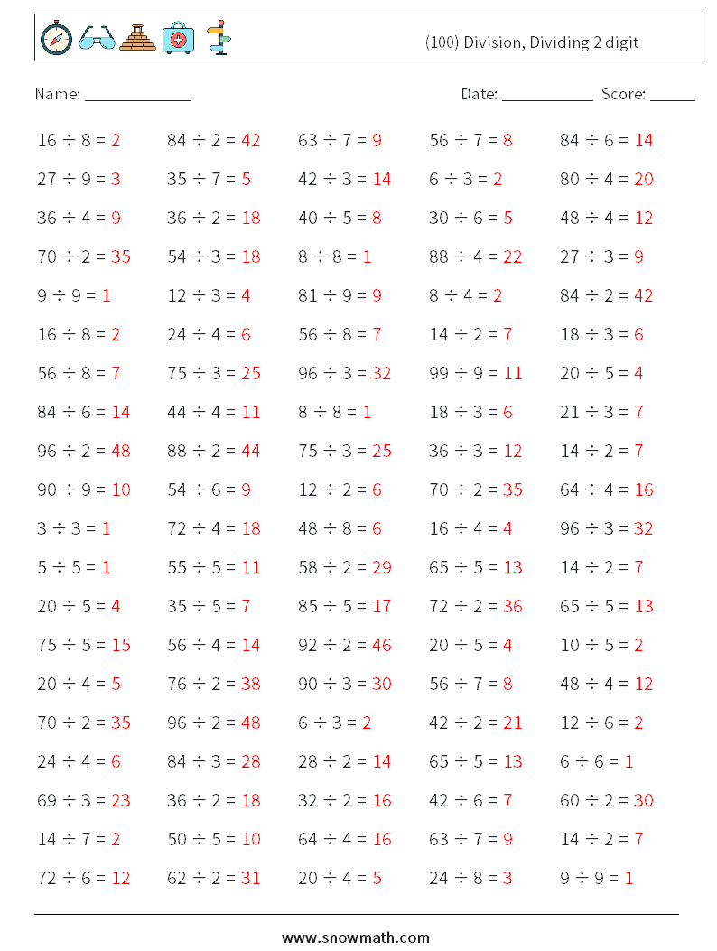 (100) Division, Dividing 2 digit Math Worksheets 8 Question, Answer