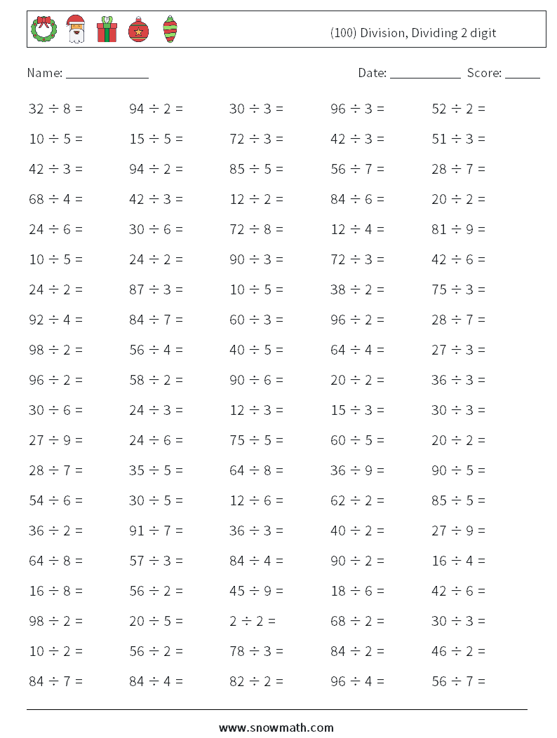 (100) Division, Dividing 2 digit Math Worksheets 9