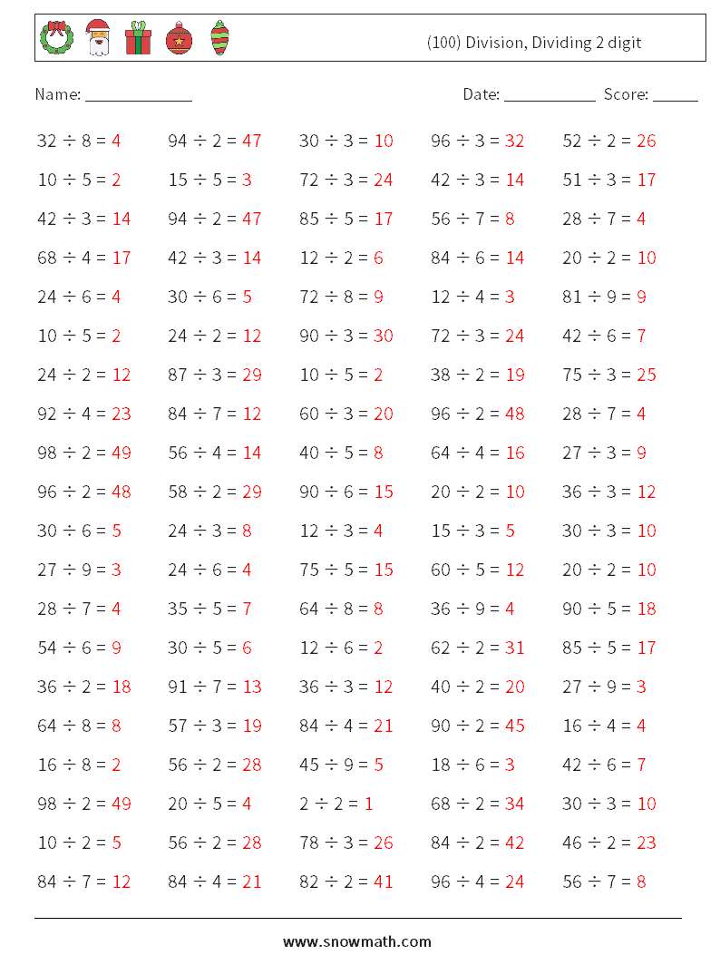 (100) Division, Dividing 2 digit Math Worksheets 9 Question, Answer