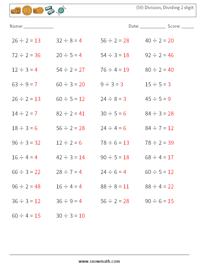 (50) Division, Dividing 2 digit Math Worksheets 1 Question, Answer