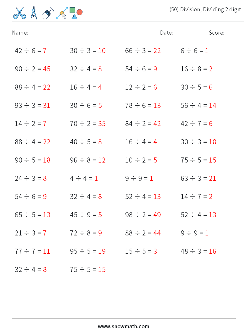(50) Division, Dividing 2 digit Math Worksheets 5 Question, Answer